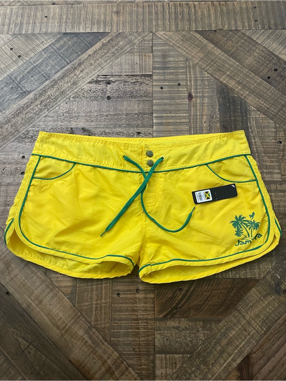 VTG Jam-ra Jamaica Board Shorts – Vibrant Yellow & Green Y2K Beachwear